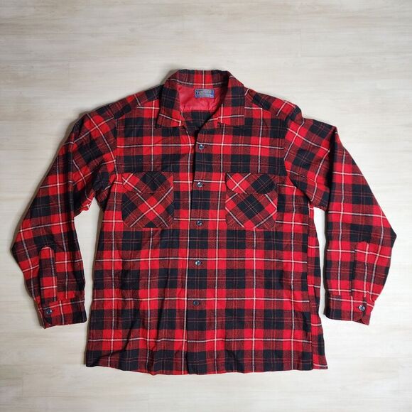 Vintage Pendleton Wool Red‎ Plaid Loop Collar Shirt Made in USA Plaid Size Large - Picture 1 of 9